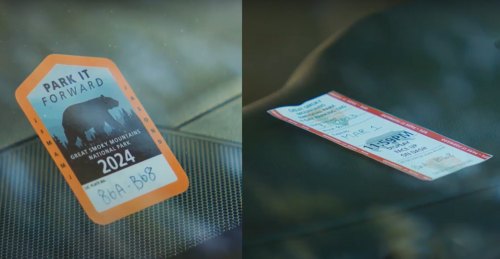 Two parking permits on a car dashboard: one for Great Smoky Mountains National Park 2024 and another for a timed parking ticket.