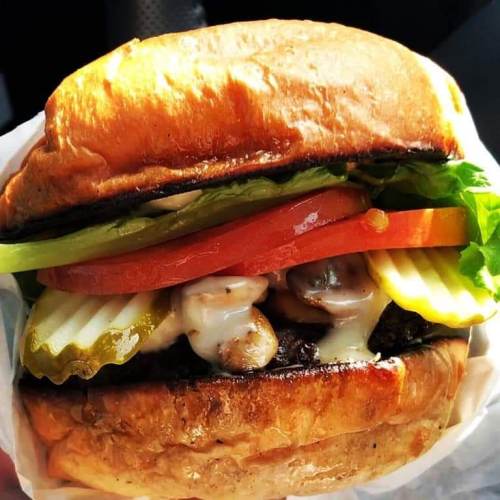 A close-up of a juicy burger with lettuce, tomato, pickles, mushrooms, and creamy sauce on a toasted bun.