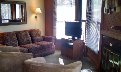Cozy living room with a patterned sofa, armchairs, TV on a stand, and a fireplace, featuring large windows.