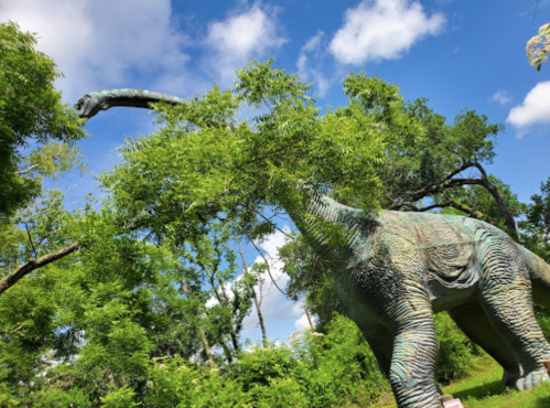 A large dinosaur sculpture reaching for tree branches in a lush green environment under a blue sky.