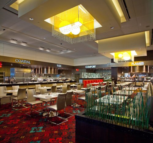 Modern restaurant interior with elegant lighting, stylish seating, and a vibrant carpet design.