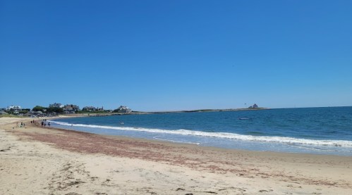 A sunny beach scene with gentle waves, distant houses, and a lighthouse on the horizon under a clear blue sky.