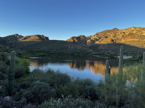 A serene landscape featuring a calm lake surrounded by mountains and cacti under a clear blue sky.