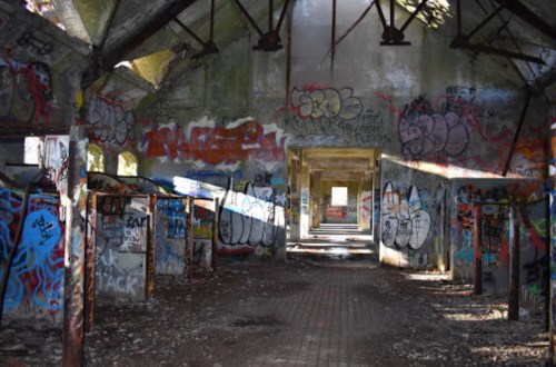 Abandoned building interior covered in colorful graffiti, with light streaming through broken windows.