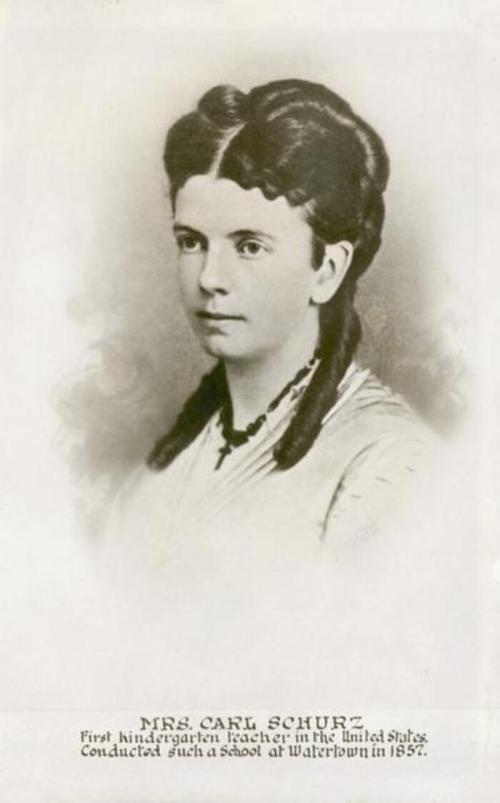 Black and white portrait of a young woman with braided hair, labeled as Mrs. Carl Schurz, the first kindergarten teacher in the U.S.