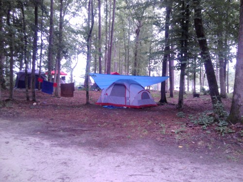 A blue and red tent set up in a wooded area, surrounded by trees and other camping gear in the background.