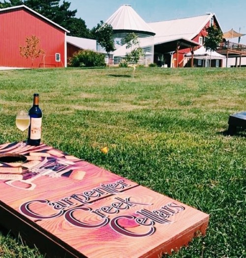 A sunny outdoor scene featuring a cornhole game with a wine bottle and glass, set against a rustic barn backdrop.
