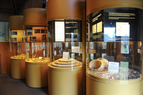 Interior of a museum exhibit featuring glass display cases with artifacts and informational panels.