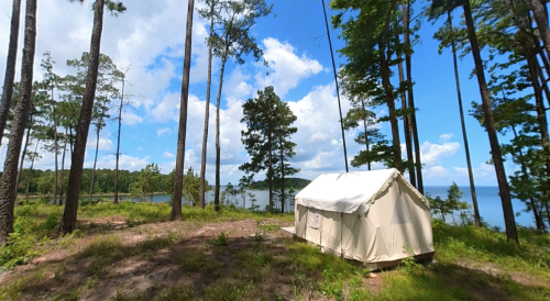 A white tent surrounded by tall trees near a lake under a blue sky with fluffy clouds.
