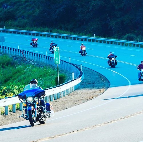 A group of motorcyclists riding along a winding road surrounded by greenery on a sunny day.