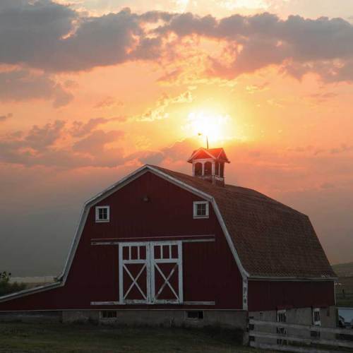 A red barn silhouetted against a vibrant sunset with clouds and a glowing sun peeking over the roof.