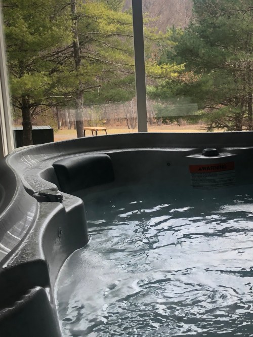 A hot tub filled with water, surrounded by trees and a view of a grassy area outside.