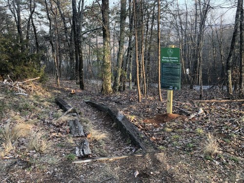A wooded area with a sign about Glancy Mountain Heritage Preserve and a worn path lined with logs.