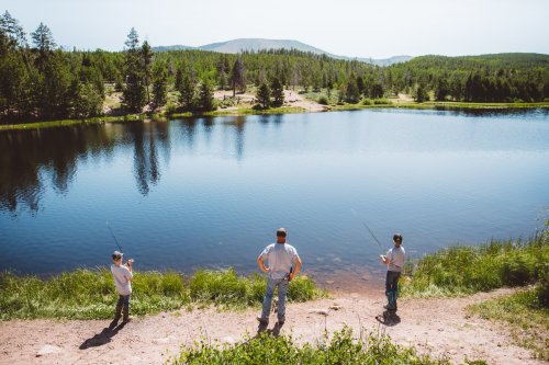 Three people fishing by a calm lake surrounded by trees and mountains on a sunny day.