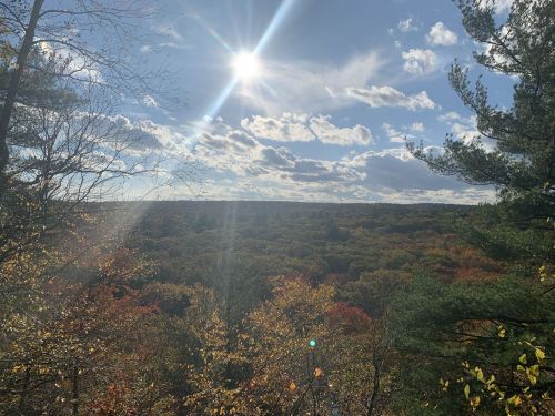 A sunlit landscape with colorful autumn trees under a partly cloudy sky.