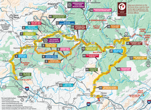 Map of the Elk Country Visitor Center area, highlighting attractions, trails, and services in the region.