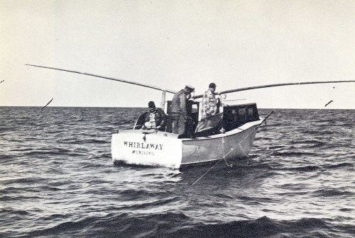 Three fishermen on a boat named "Whirlway" casting lines into the ocean.