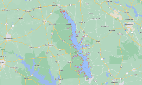 Map showing the Sabine National Forest area, highlighting a lake surrounded by roads and towns in Texas.