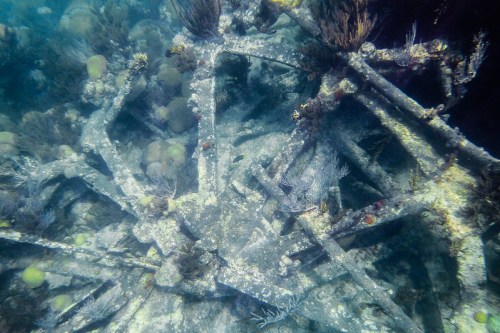 Underwater view of a shipwreck, with coral and marine life surrounding the rusted metal structure.