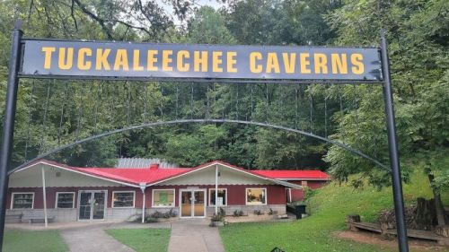 Sign for Tuckaleechee Caverns with a building and greenery in the background.