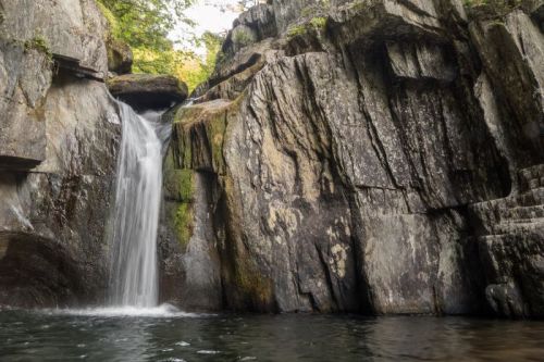 A serene waterfall cascading over rocky cliffs into a calm pool below, surrounded by lush greenery.