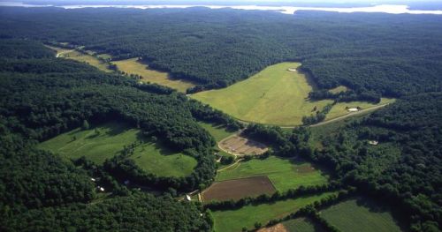 Aerial view of lush green fields and forests, with a river visible in the distance under a clear blue sky.