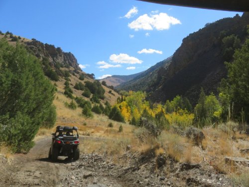 A rugged dirt path leads through a valley with mountains and trees under a bright blue sky with fluffy clouds.