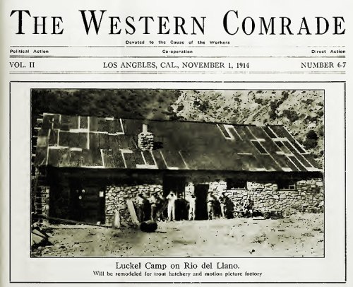 Black and white image of a rustic building with people standing outside, titled "Luckel Camp on Rio del Llano."