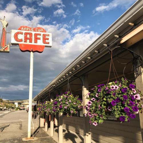 A vintage sign for "Apple Club Cafe" with hanging flower baskets under a cloudy sky.