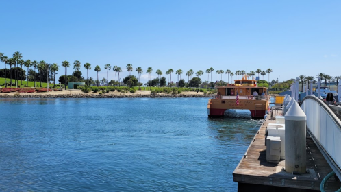 A bright waterfront scene with a boat near a dock, surrounded by palm trees and clear blue skies.