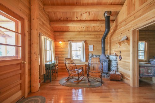 Cozy wooden cabin interior with rocking chairs, a stone fireplace, and large windows letting in natural light.