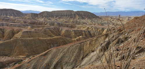 A vast, arid landscape with layered hills and valleys under a blue sky, showcasing rugged terrain and sparse vegetation.