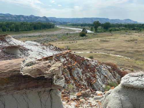 A scenic view of a dry landscape with rocky formations, a winding river, and distant hills under a cloudy sky.