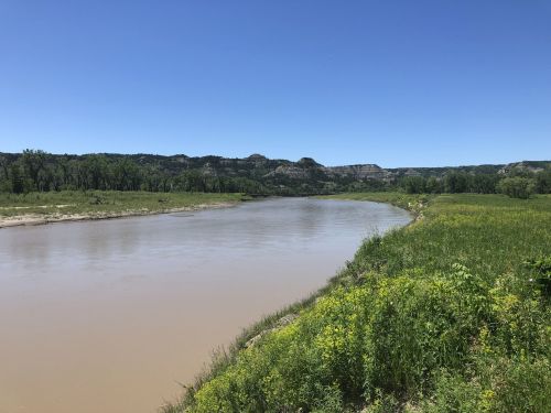 A winding river flows through a lush green landscape under a clear blue sky, with hills in the background.