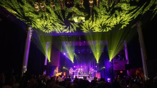 A lively concert scene with a band performing on stage, colorful lights illuminating the venue and audience.