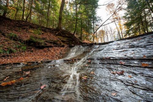 A serene waterfall cascades over rocky terrain, surrounded by autumn foliage and tall trees in a peaceful forest setting.