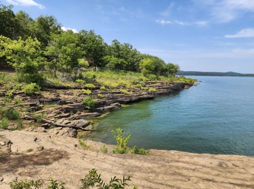 A serene lakeside view with rocky shorelines, lush greenery, and calm blue water under a clear sky.