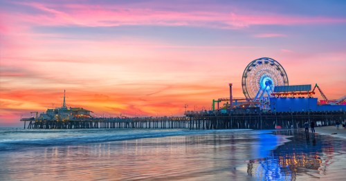 A fiery sunset over the Santa Monica Pier in Southern California.