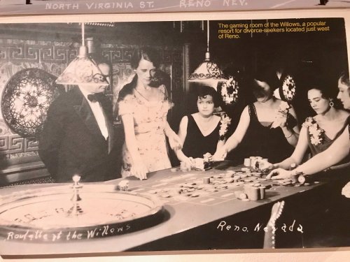 Black and white photo of a vintage casino scene at the Willows in Reno, featuring players at a gaming table.