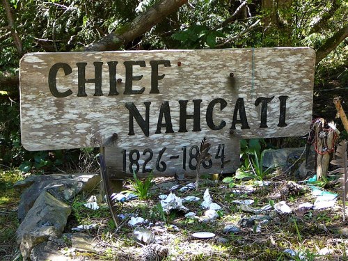 Weathered wooden sign reading "Chief Nahcati 1826-1834" surrounded by greenery and scattered items.