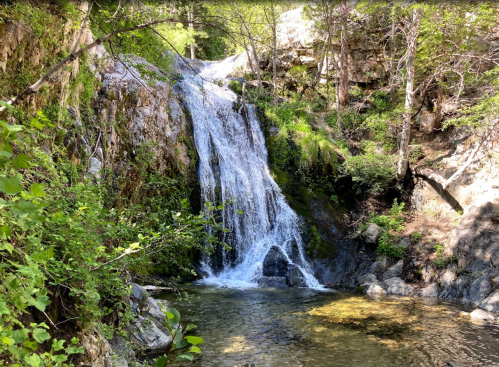 A serene waterfall cascades over rocks into a clear pool, surrounded by lush greenery and rocky terrain.