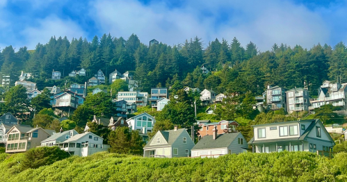 A hillside covered with colorful houses surrounded by lush green trees under a blue sky with scattered clouds.