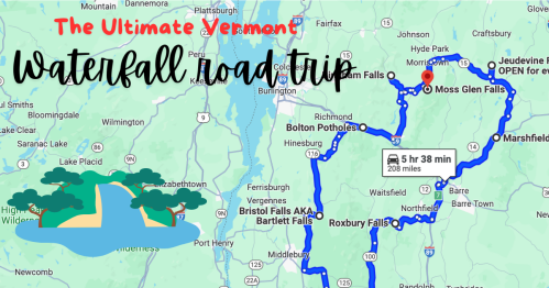 Map of a Vermont waterfall road trip, highlighting routes to various waterfalls with a scenic illustration.