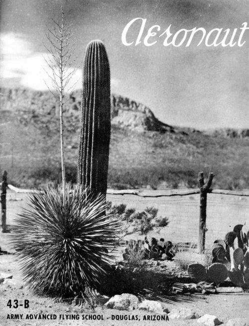 Black and white image of a cactus and desert landscape, with text "Aeronaut" at the top and "Army Advanced Flying School."