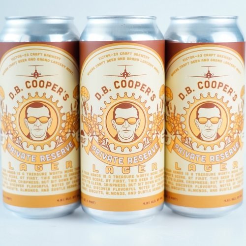 Three cans of D.B. Cooper's Private Reserve Lager, featuring a vintage design with bold colors and a central illustration.