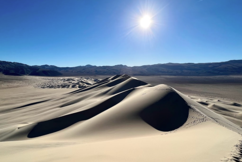 A vast desert landscape with rolling sand dunes under a clear blue sky and bright sun.