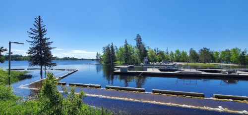 A serene lake view with docks, surrounded by lush green trees and a clear blue sky.