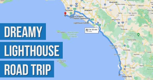 Map showing a route for a lighthouse road trip from Torrance to Los Angeles Harbor Lighthouse, labeled "Dreamy Lighthouse Road Trip."