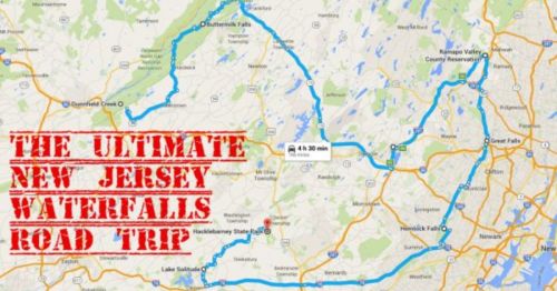 Map highlighting a road trip route in New Jersey featuring various waterfalls, labeled "The Ultimate New Jersey Waterfalls Road Trip."