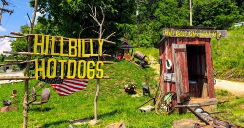 A rustic roadside stand with a sign reading "Hillbilly Hotdogs" and a small gas station nearby, surrounded by greenery.